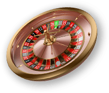El cilindro de una ruleta con las típicas casillas rojas, negras y el cero verde. Esta inclinado sobre uno de los bordes.