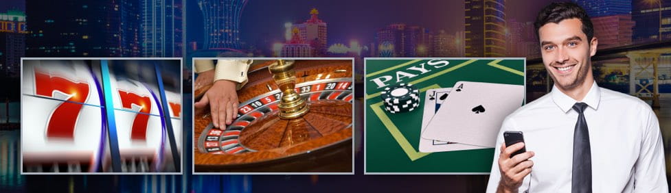 Es un collage en el que, de fondo, se ve lo que podría ser una ciudad muy parecia a Las Vegas de noche con muchas luces de neón. Sobrepuestas, tres imágenes representativas de los tres juegos más populares de los casinos online en España.