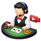 Crupier con auriculares en mesa de juego y botón de reproducción