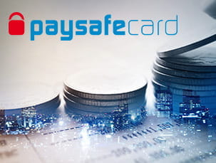 Imagen con el logo de paysafecard y unas monedas en primer plano