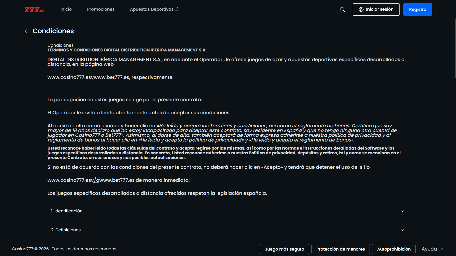 Página de Términos y Condiciones de Casino777.