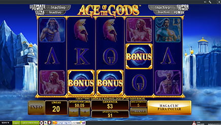 Tablero de la tragaperras Age of the Gods con tres bonos activados.