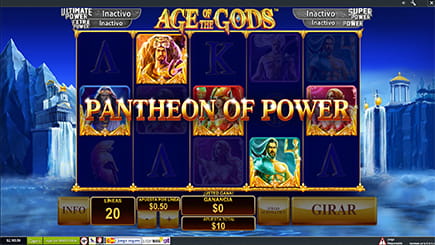 Momento especial del juego Age of the Gods con la opción de Pantheon of Power activada.