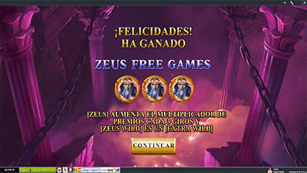 Momento especial de la tragaperras Age of the Gods con la opción de juegos gratis activada.