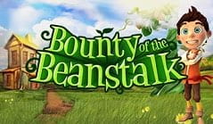 Imagen de portada de la slot Bounty of the Beanstalk. Se ve al protagonista de la máquina, Jack, un muchacho moreno con unos enormes ojos azules y una amplia sonrisa de brazos cruzados y a la derecha del título de la máquina con enormes letras verdes.