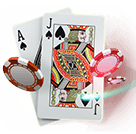 Dos cartas de la baraja inglesa, el As y la Jota, con fichas rojas de blackjack haciendo una órbita a su alrededor.