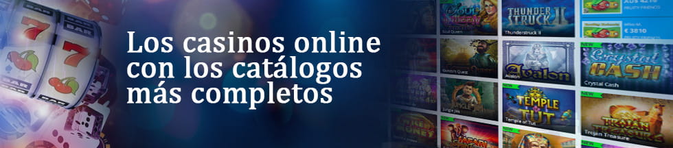 Collage con imágenes de juegos de casino a la izquierda y títulos de slots a la derecha. En el centro de la imagen se lee: los casinos online con los catálogos más completos.