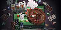Rodillos de tragaperras, ruleta y paño de casino.