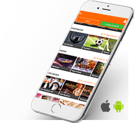 Móvil con el lobby principal del casino Betsson en la pantalla. Los iconos de iOS y Android aparecen en la parte inferior de la imagen.