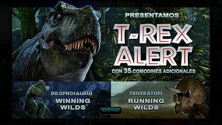Presentación de la tragaperras de Jurassic Park con el T-Rex mirando hacia la derecha.