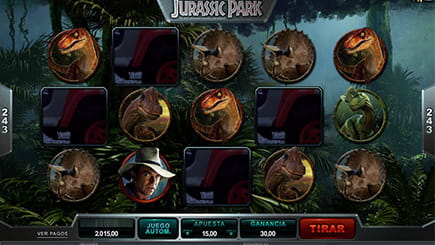 Portada del juego slot Jurassic Park con una tirada en curso.