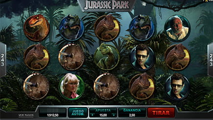 Otra imagen similar a la segunda del tablero del juego de tragaperras basado en la película Jurassic Park con los personajes y dinosaurios como símbolos.