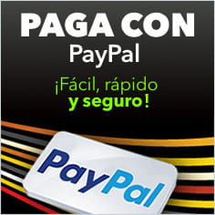 Imagen que anuncia un método de pago seguro, PayPal en este caso. La imagen tiene un texto que dice: Paga con PayPal. ¡Fácil, rápido y seguro!