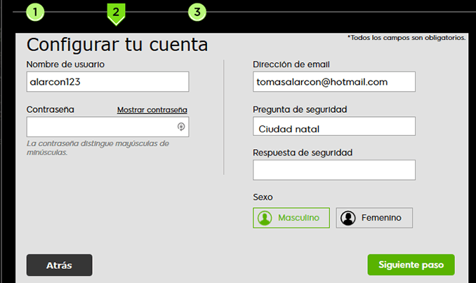 Página de configuración de cuenta en un casino onlin