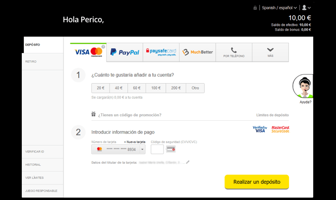 Página de pago en un casino online