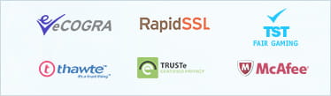 Logotipos de eCOGRA, RapidSSL, TST Fair Gaming, Thawte, TRUSTe y McAfee.