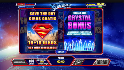 Presentación de la tragaperras Superman con las opciones de giros gratis y bonos cristal.
