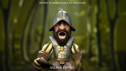 Personaje principal de la tragaperras Gonzo's Quest vestido como conquistador español del siglo XVI mirando a cámara con la boca abierta.