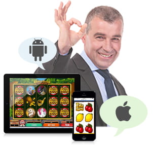 Hombre de traje y corbata haciendo el símbolo de 'ok' detrás de dispositivos móviles con juegos de videotragaperras y los símbolos de Android y Apple.