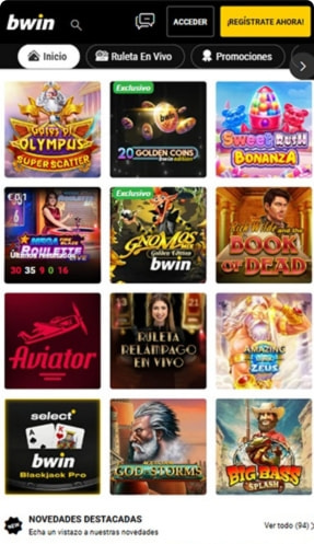 Página de inicio del casino bwin con su selección de juegos más destacados.